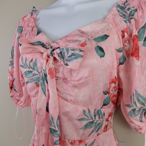 NSR Pink Floral Satin Dress Front Tie Smocked Back Dress Size Medium NWT - Picture 4 of 9